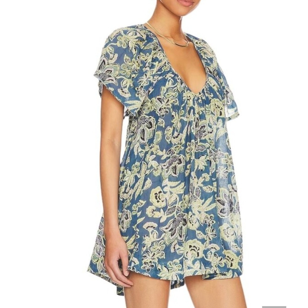 Free People Tunic Top /dress Womens S Blue Floral Short Sleeve Boho Pockets